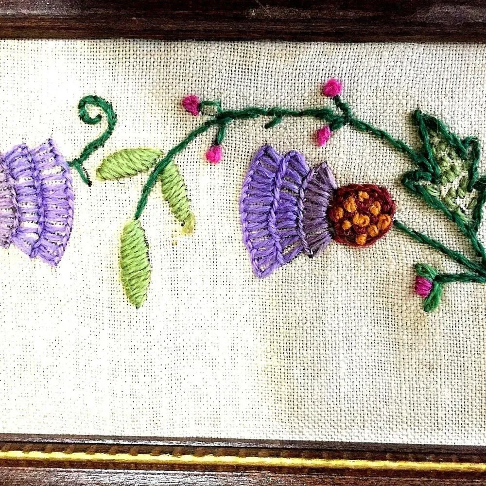 Antique Framed Mirror Crewel Embroidery Jacobean Sampler Linen Wool Floral Bird